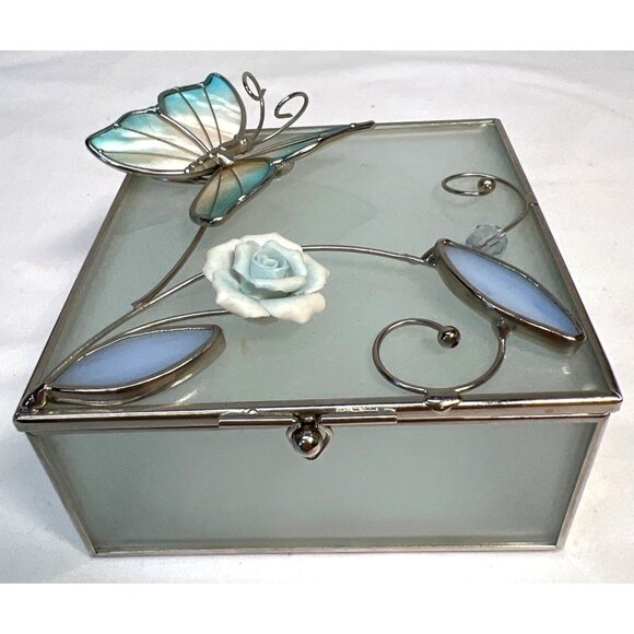 Decorative Square Glass Jewelry Box With Butterfly & Flower Design - Picture 1 of 4